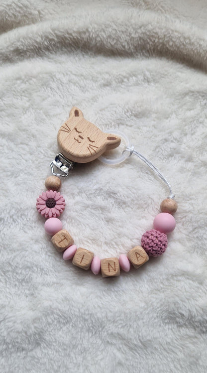 Personalisierte Schnullerkette rosa-lila mit Blume & Name – Handgefertigte Babygeschenke – Holzbuchstaben – Individuelles Geschenk zur Geburt