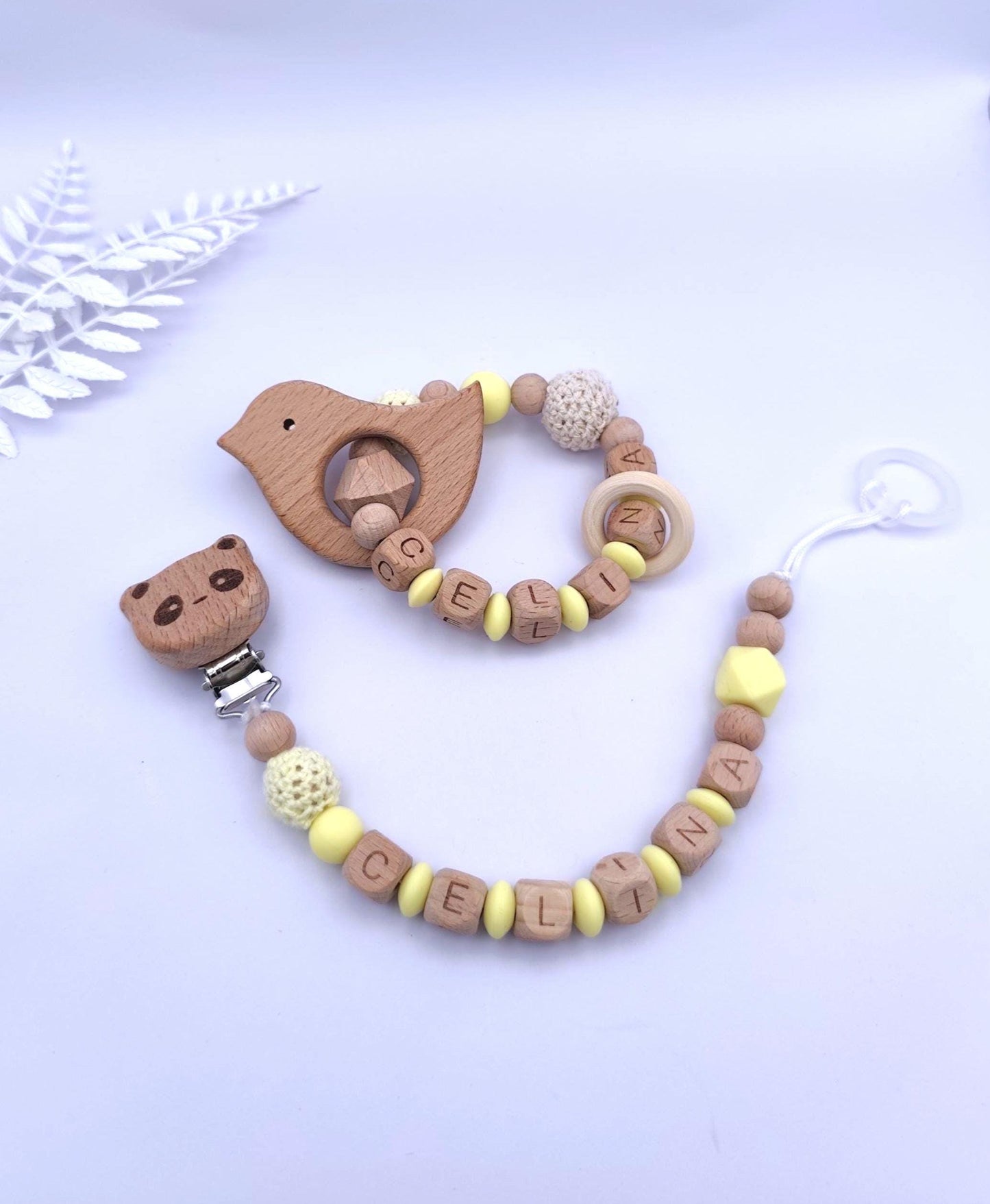 Baby Geschenkset Personalisiert Gelb – Schnullerkette mit Namen & Greifling – Geburtsgeschenk, Taufgeschenk, Babygeschenk Mädchen Junge