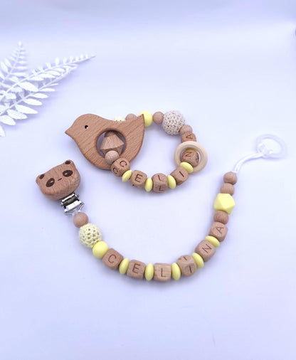Baby Geschenkset Personalisiert Gelb – Schnullerkette mit Namen & Greifling – Geburtsgeschenk, Taufgeschenk, Babygeschenk Mädchen Junge