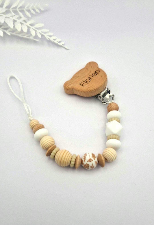 Personalisierte Schnullerkette mit Gravur | Holz & Silikon Natur Boho Beige | Geschenk zur Geburt | Handgefertigte Schnullerkette für Babys