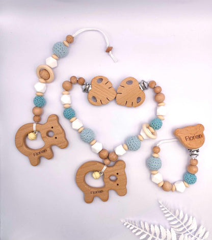 Personalisiertes Baby Geschenkset mit Gravur | Schnullerkette mit Namen + Kinderwagenkette + Maxi-Cosi Anhänger | Babygeschenk zur Geburt & Taufe