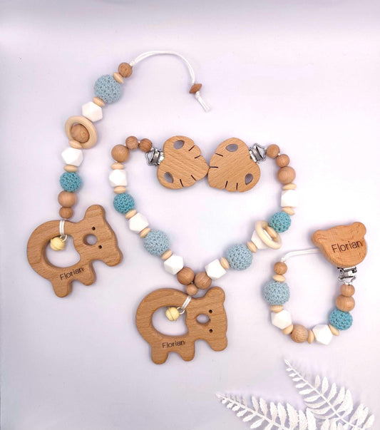Personalisiertes Baby Geschenkset mit Gravur | Schnullerkette mit Namen + Kinderwagenkette + Maxi-Cosi Anhänger | Babygeschenk zur Geburt & Taufe