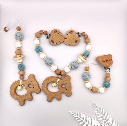 Personalisiertes Baby Geschenkset mit Gravur | Schnullerkette mit Namen + Kinderwagenkette + Maxi-Cosi Anhänger | Babygeschenk zur Geburt & Taufe