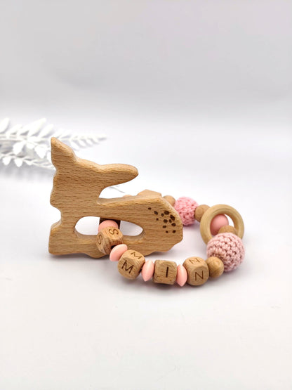 Baby Geschenkset Personalisiert Rosa - Schnullerkette mit Namen & Greifling - Geburtsgeschenk, Taufgeschenk, Babygeschenk Mädchen Junge