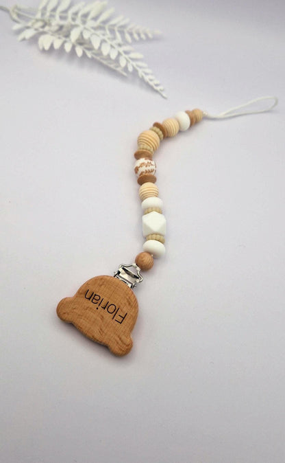 Personalisierte Schnullerkette mit Gravur | Holz & Silikon Natur Boho Beige | Geschenk zur Geburt | Handgefertigte Schnullerkette für Babys