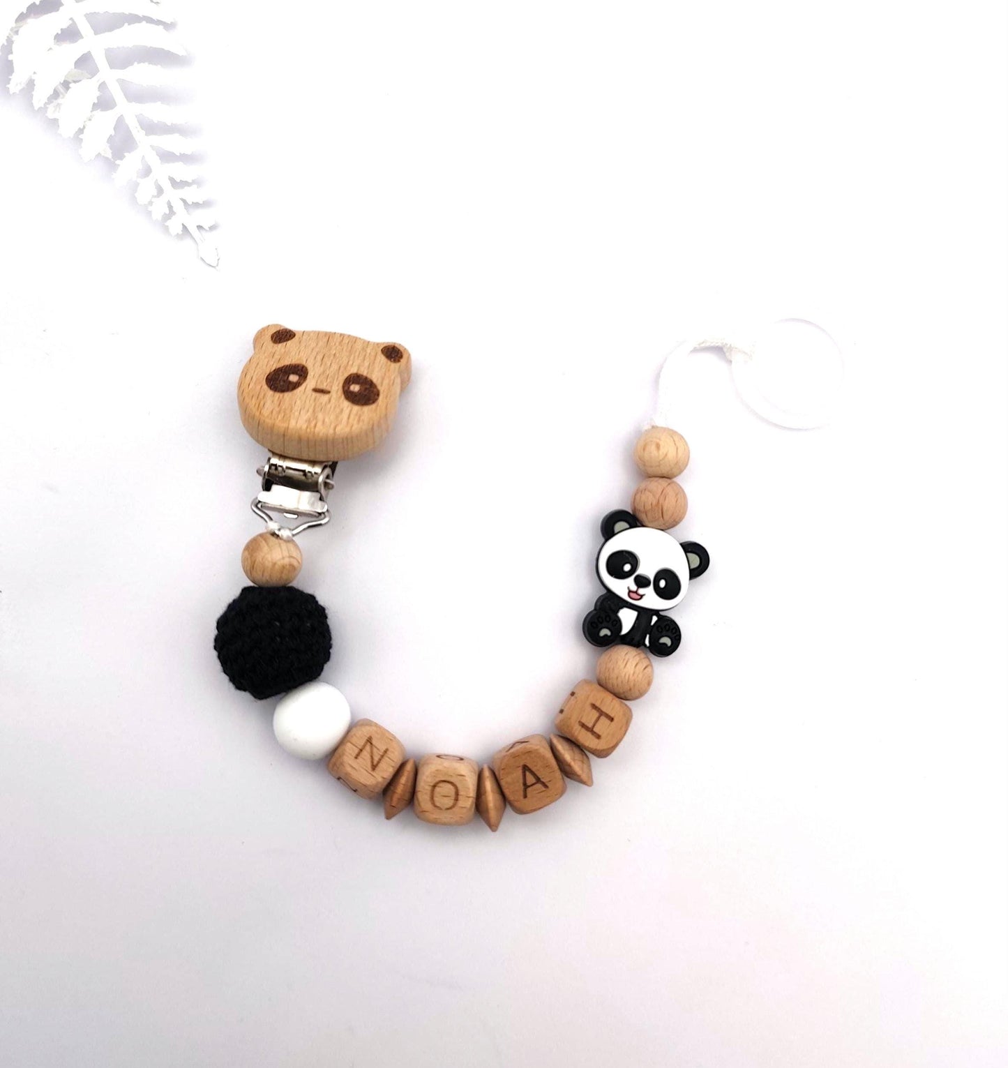 Panda Schnullerkette mit Namen | Personalisierte Schnullerkette mit Panda-Motiv | liebevolle Handarbeit | weiße Buchstaben oder Holzbuchstaben