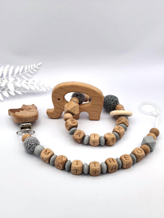 Baby Geschenkset Personalisiert Grau – Schnullerkette mit Namen & Greifling – Geburtsgeschenk, Taufgeschenk, Babygeschenk Mädchen Junge
