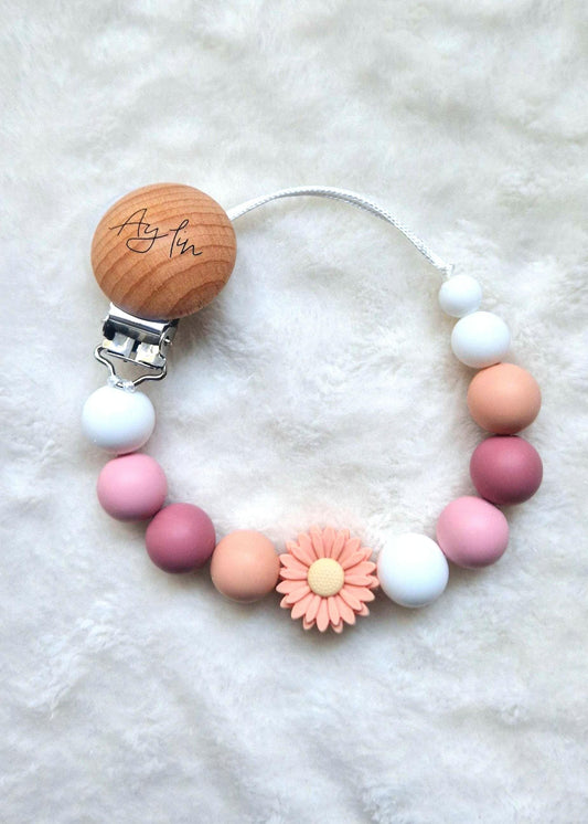 Personalisierte Blumen Schnullerkette Rosa – Mit Namen & Gravur – Baby Geschenk Geburt und Taufe – Liebevoll handgefertigte Schnullerkette