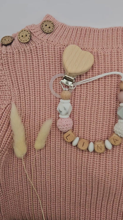 Personalisierte Schnullerkette mit Namen für Mädchen – BPA-frei aus Silikon & Holz, Babygeschenk zur Geburt, Marmordesign/Rose