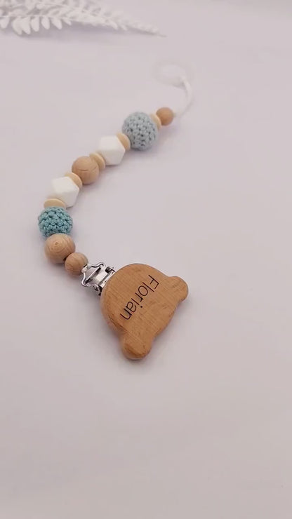 Personalisierte BABY-SCHNULLERKETTE aus Holz und Silikon: Montessori- und Sensorikspielzeug Geschenk zur Geburt oder Taufe