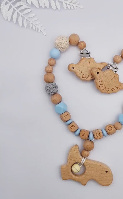 Personalisierte KINDERWAGENKETTE mit Namen: Montessori-Babyparty Geschenk aus Holz und Silikon zur Geburt oder Taufe