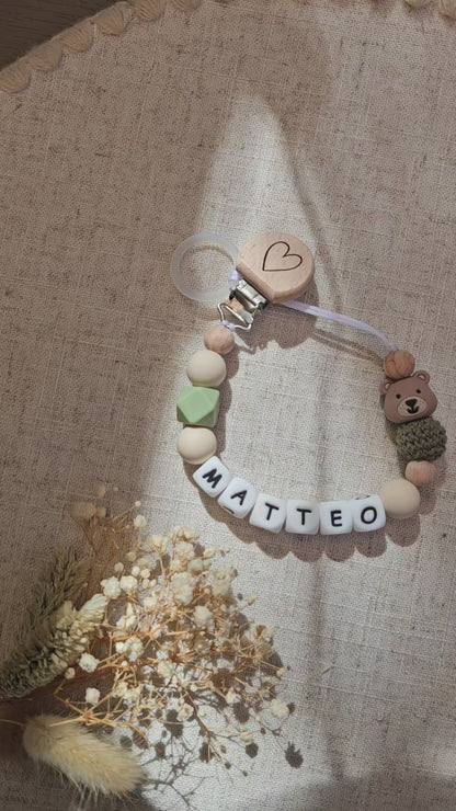 Personalisierte Schnullerkette mit Namen – Beige Schnullerkette mit Bär aus Silikon & Holz | Babygeschenk