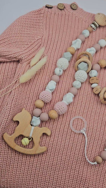 Personalisiertes Baby Set mit Namen Marmordesign/Rose – Kinderwagenkette, Schnullerkette & Greifling für Mädchen