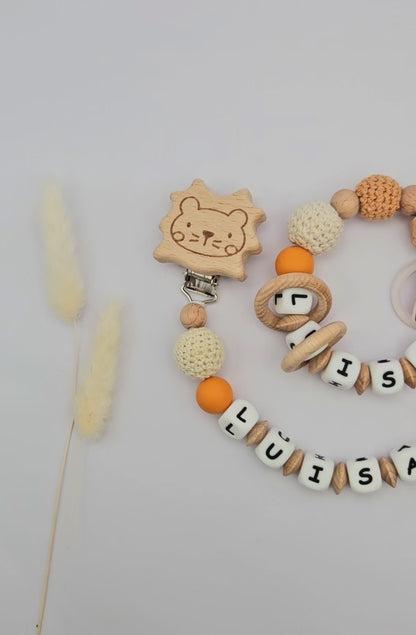 Schnullerkette & Greifling mit Namen, Set personalisiert mit Tiermotiv – BPA-frei, Österreich