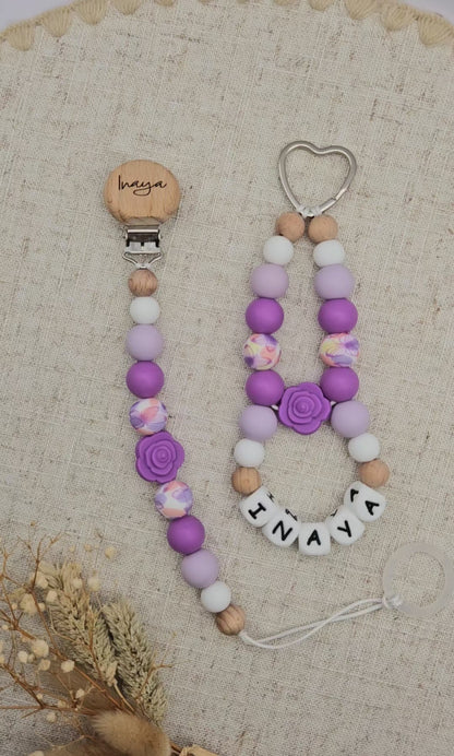 Personalisiertes Schnullerkette & Schlüsselanhänger Set – Lila Blume