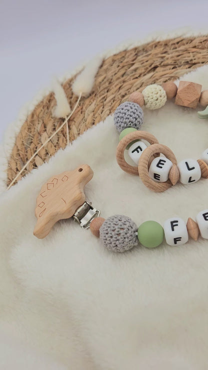 Schnullerkette & Greifling mit Namen, Set personalisiert mit Tiermotiv – BPA-frei, Österreich