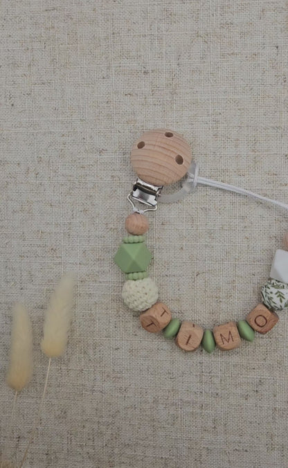 Personalisierte Schnullerkette mit Name - Salbeigrün & Holz, Bpa Frei, handgefertigt