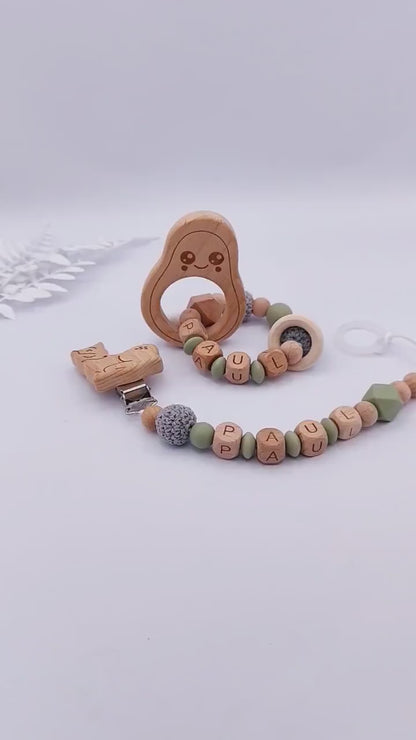Baby Geschenkset Personalisiert Grün – Schnullerkette mit Namen & Greifling – Geburtsgeschenk, Taufgeschenk, Babygeschenk Mädchen Junge