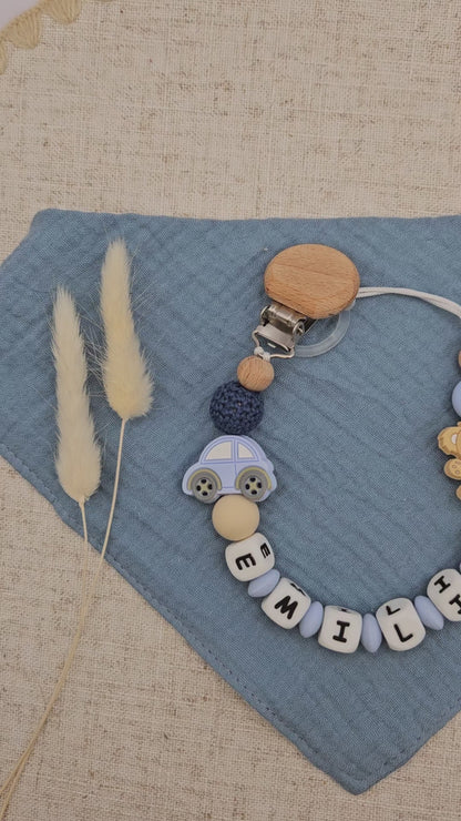 Schnullerkette mit Namen für Jungen – | Auto & Bär | BPA-frei | Handgemacht in Österreich